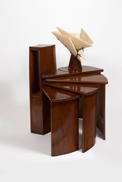 Telephone table (MB152) and Religieuse table lamp, c. 1924, designed by Pierre Chareau (French, 1883-1950). Collection Dominique Suisse