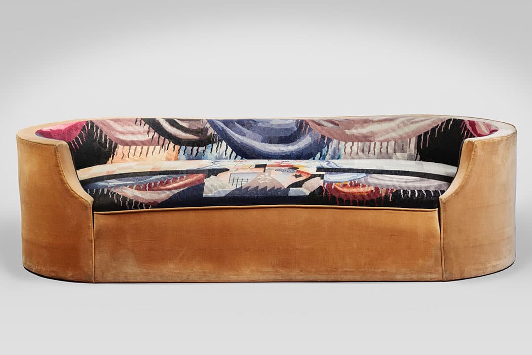 Corbeille sofa (MP169), 1923, designed by Pierre Chareau (French, 1883-1950) with upholstery designed by Jean Lurçat (French, 1892-1966). Audrey Friedman and Haim Manishevitz, Primavera Gallery