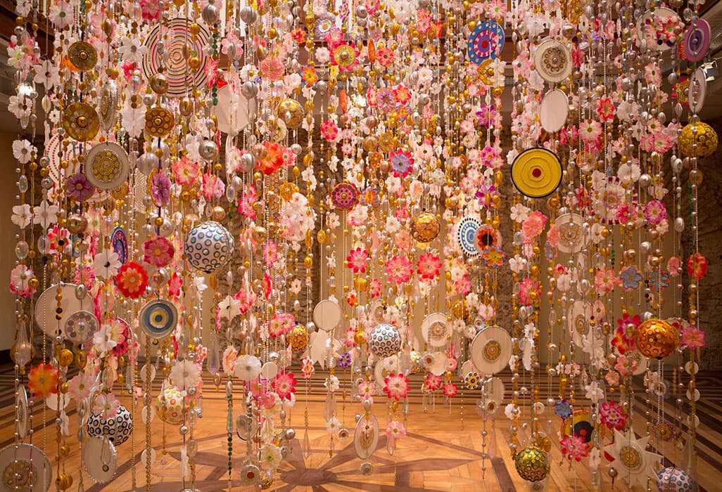 Installation view of the exhibition Using Walls, Floors, and Ceilings: Beatriz Milhazes, May 6 - September 18, 2016. The Jewish Museum, NY. Photo by: David Heald