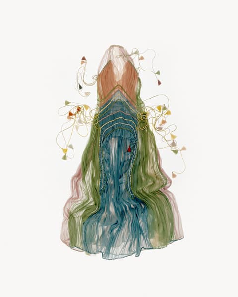 Colorful sheer gown in shades of green, blue, and pink with intricate flowing layers and yellow cords adorned with small cone-shaped ornaments, displayed on a hanger against a white background.