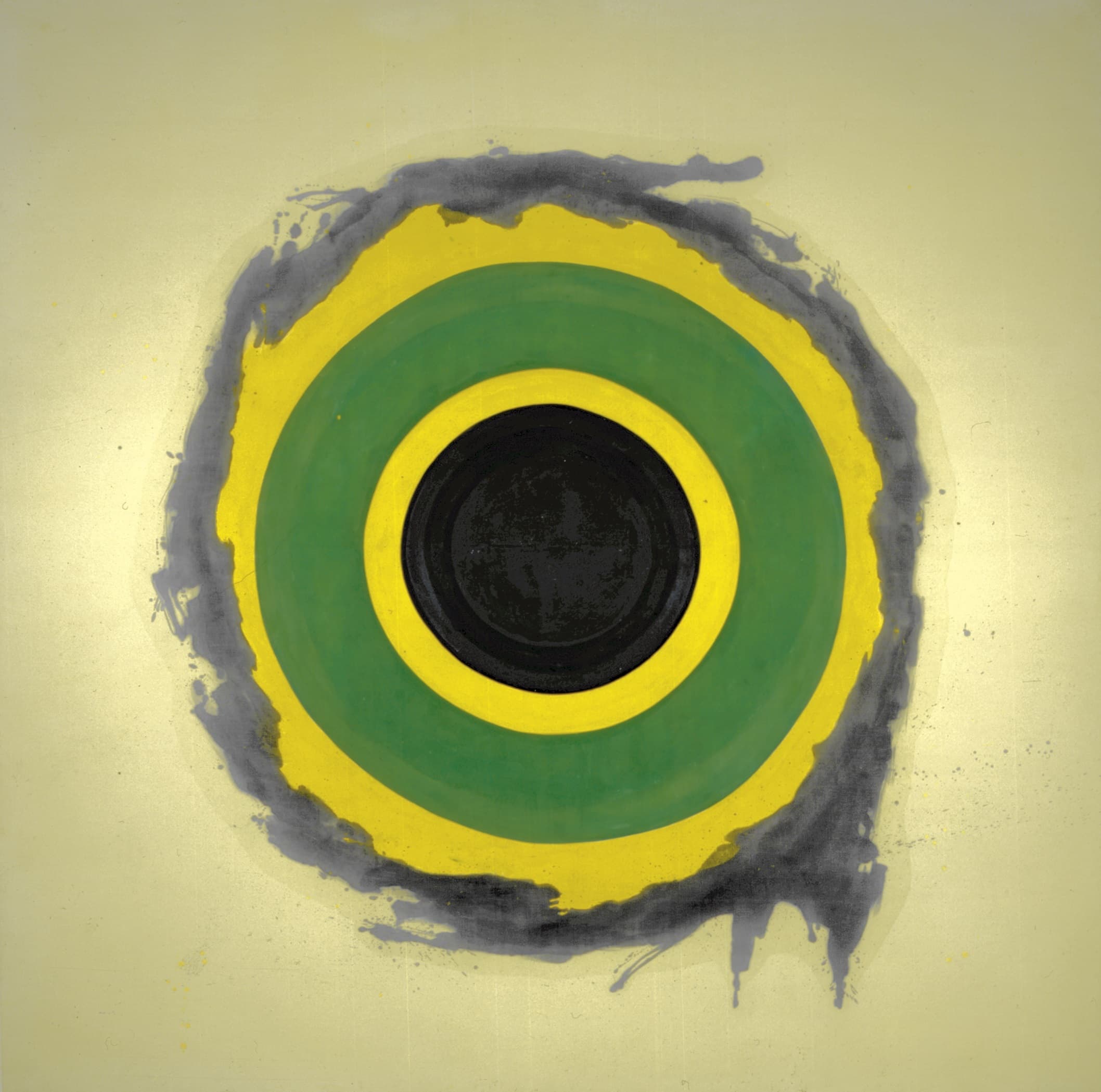 Abstract painting featuring concentric circles in black, yellow, and green, centered on a muted gold background. The outer edges of the circles are irregular and surrounded by loose, dark gray brushstrokes that give the image a dynamic, almost smoky effect.