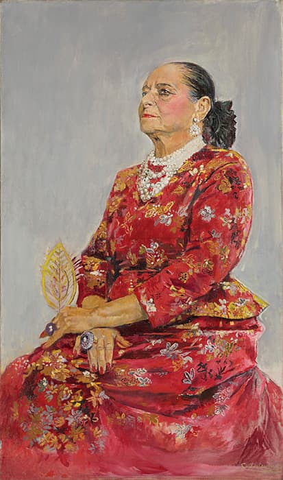 Graham Sutherland, Helena Rubinstein in a Red Brocade Balenciaga Gown, 1957.
Oil on canvas, 61 3⁄4 × 36 1⁄2 in. (156.9 × 92.7 cm). Daniel Katz Gallery, London © Estate of Graham Sutherland