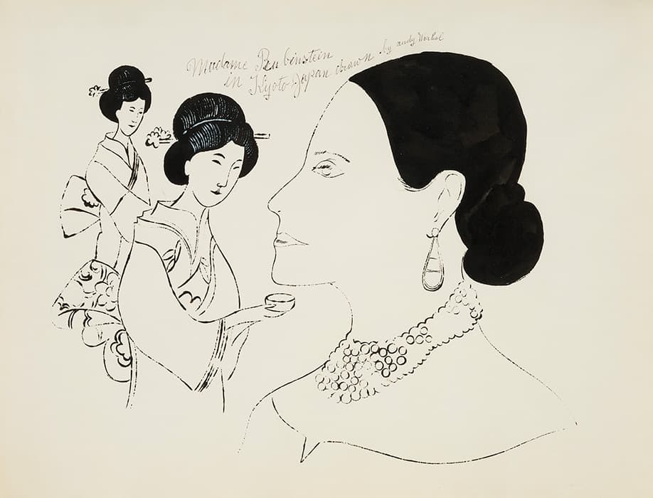 Andy Warhol, Madame Rubinstein in Kyoto, Japan, 1957. Ink with white highlights on paper, 16 3⁄4 × 22 in. (42.5 × 55.9 cm). Williams College Museum of Art, Williamstown, Massachusetts, Gift of Richard F. Holmes, Class of 1946 © The Andy Warhol Foundation for the Visual Arts, Inc / Artists Rights Society (ARS), NY