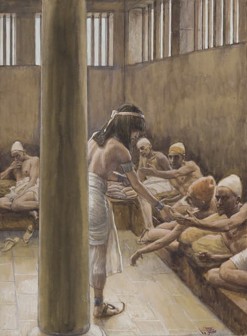 James Tissot, Joseph Distributes Bread in Prison, c. 1896-1902. Gouache on board, 10 1/2 x 7 3/4 in. (26.7 x 19.7 cm). The Jewish Museum, New York, Gift of the heirs of Jacob Schiff.