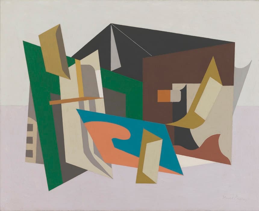 An abstract geometric painting featuring overlapping angular shapes and planes in muted tones of green, brown, black, beige, gold, and blue, with a soft pink background. The composition creates a sense of layered depth and architectural structure, with bold, flat areas of color intersecting at sharp angles.