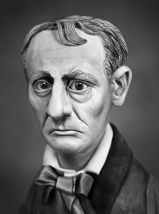 J BAUDELAIRE

Mary Reid Kelley, Charles Baudelaire, 2015
Pigment print
Courtesy of the artist and Kadist, San Francisco

Mary Reid Kelley’s interest in nineteenth-century Paris derives from her sense that certain elements of its culture and politics rhyme with those of our present moment: disillusionment in the wake of failed ideals, narcissistic obsession with appearances, relentless pursuit of money. Charles Baudelaire—denounced in his time for his transgressive sensibilities—emerged as the preeminent poet of nineteenth-century Paris. His interests in vice, in crowds, and in fashion converged in lyric poetry on the beauty of the modern city. For Benjamin, Baudelaire was the perfect flâneur and chronicler of modernity; nearly a fifth of the text of The Arcades Project is devoted to the Convolute on him.