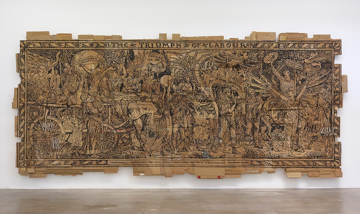 k THE COMMUNE

Andrea Bowers, The Triumph of Labor, 2016
Marker on cardboard
Rennie Collection, Vancouver, British Columbia, courtesy of Susanne Vielmetter, Los Angeles Projects

In 1871, working-class dissidents seized control of the government of Paris. Karl Marx and Friedrich Engels cited this event as an example of the dictatorship of the proletariat, which they identified as a necessary stage in progressing from capitalism to communism.

This mural is an enlarged adaptation of an 1891 woodcut by Walter Crane (1845–1915), a British artist associated with the Arts & Crafts movement, to commemorate May 1, International Workers’ Day. Crane, an ardent socialist, combined heroic depictions of workers with allegorical figures representing triumph and prosperity. Andrea Bowers reprises Crane’s composition on a monumental scale; her materials—flattened cardboard boxes and black marker—refer to the hasty, homemade signs associated with contemporary street protest.
