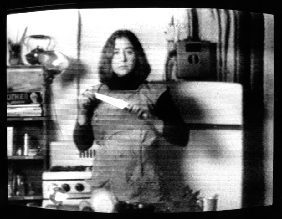 Grainy black-and-white still image of a woman in a kitchen, holding a knife and facing the camera, with a stove, refrigerator, and bookshelf in the background.