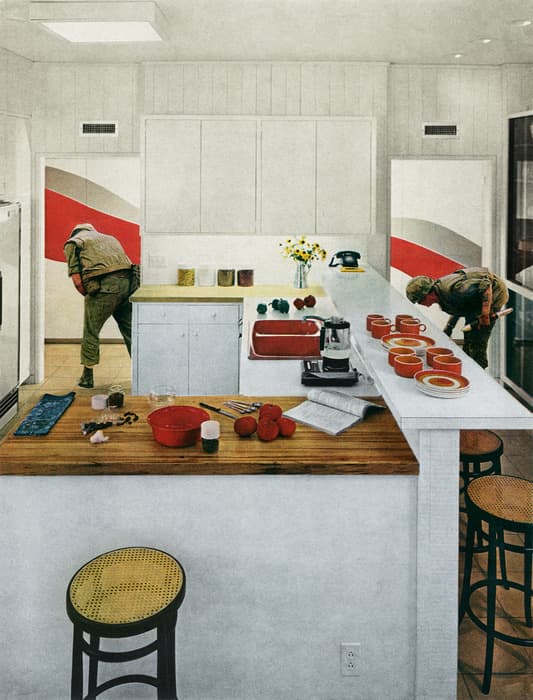 Surreal collage of a pristine white kitchen with bright red and orange accents, where two soldiers in combat gear appear to search the room, creating a jarring contrast between domestic calm and military intrusion.