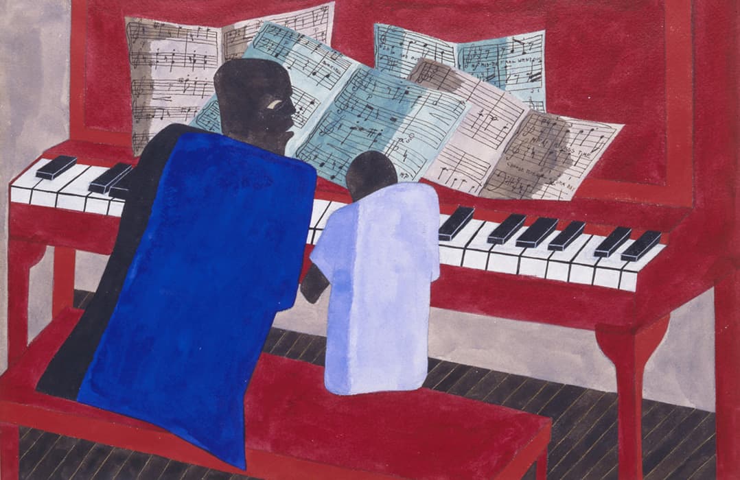 A stylized painting of two figures, an adult and a child, seated side by side at a red piano. The adult, wearing a blue garment, leans slightly toward the child, who is dressed in white. Open sheets of music in shades of blue and brown are scattered on the piano’s music stand. The piano keys are prominently displayed in black and white, and the floor is dark wood. The overall scene conveys a sense of teaching or shared musical experience.