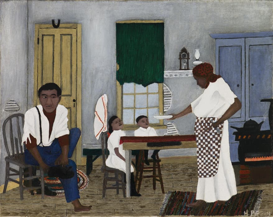 An African American family in a domestic interior; a man sits pulling on a boot, two children sit at a table, and a woman in an apron serves food.