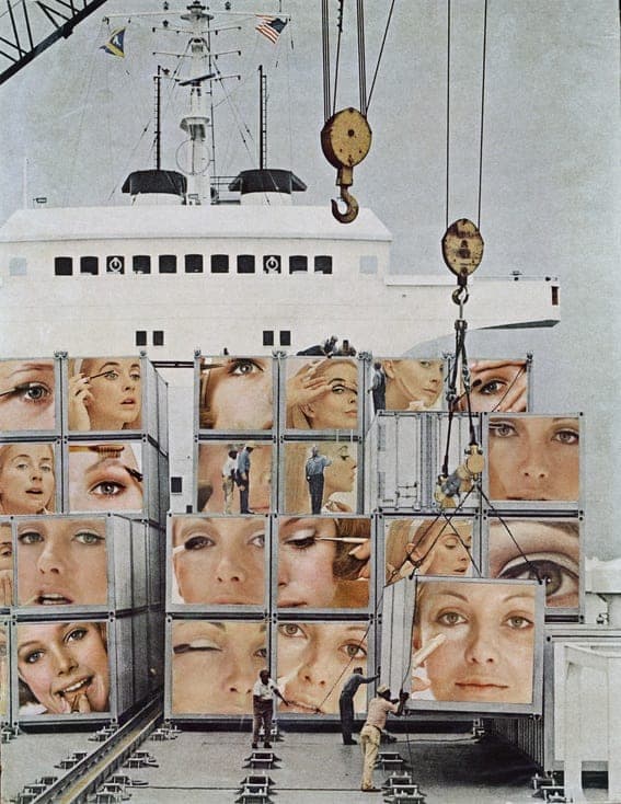 Surreal collage of a cargo ship loaded with containers, each displaying close-up images of women's faces and eyes, with workers appearing to load and unload them using cranes.