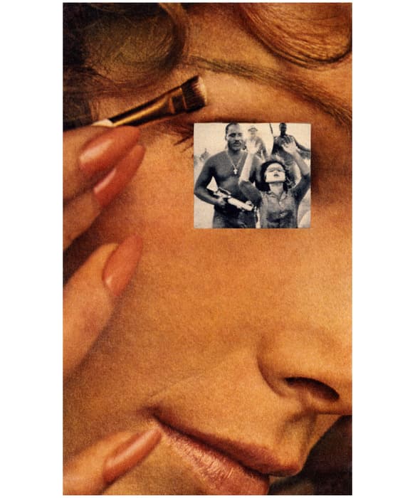 A close-up of a woman's face with manicured nails as she applies makeup to her eyelid; over her eye is a small black-and-white photo of armed men and a distressed woman, creating a stark contrast between beauty and conflict.