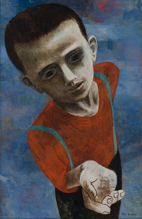 Painting of a young boy with large eyes, wearing a red shirt with blue suspenders, extending his open hand forward against a textured blue background.