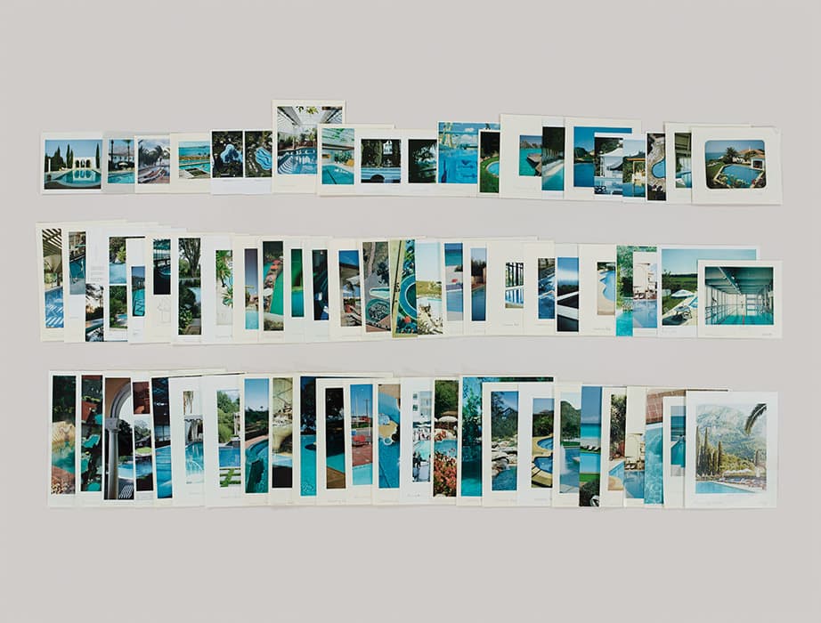 N ON THE THEORY OF KNOWLEDGE, THEORY OF PROGRESS

Taryn Simon, Folder: Swimming Pools, 2012
Archival inkjet print
Courtesy of the artist and Gagosian

The source material for these works comes from the Picture Collection of the New York Public Library, arranged in categories of the artist’s choosing. The library’s image bank, which comprises some 1.29 million pieces, organized under twelve thousand subject headings, is a grab bag of postcards, prints, posters, and pictures clipped from books and magazines; in it, masterworks of art appear alongside travel brochures. Certain types of images predominate, attesting to the history of the collection’s development, from bulk donations to the shifting interests of librarians and library patrons.

As Taryn Simon’s work suggests, bias and happenstance contribute to the formation of ideas, and both can be informative, reflecting the society that created the archive. Both the Picture Collection and her investigation of it are Benjaminian in spirit: The Arcades Project, according to its author, aims to illuminate history through analysis of “the smallest and most precisely cut components” of the past.