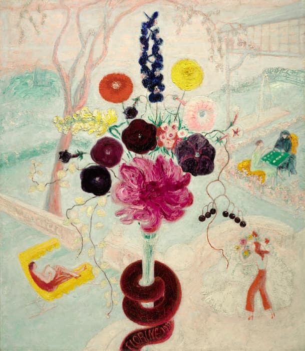 Florine Stettheimer, Birthday Bouquet (Flowers with Snake), 1932. Oil on canvas. 30 x 26⅛ in. (76.2 x 66.4 cm). The Nelson-Atkins Museum of Art. Kansas City, Missouri. Gift of Mrs. R. Kirk Askew Jr. in memory of R. Kirk Askew Jr., F79-65