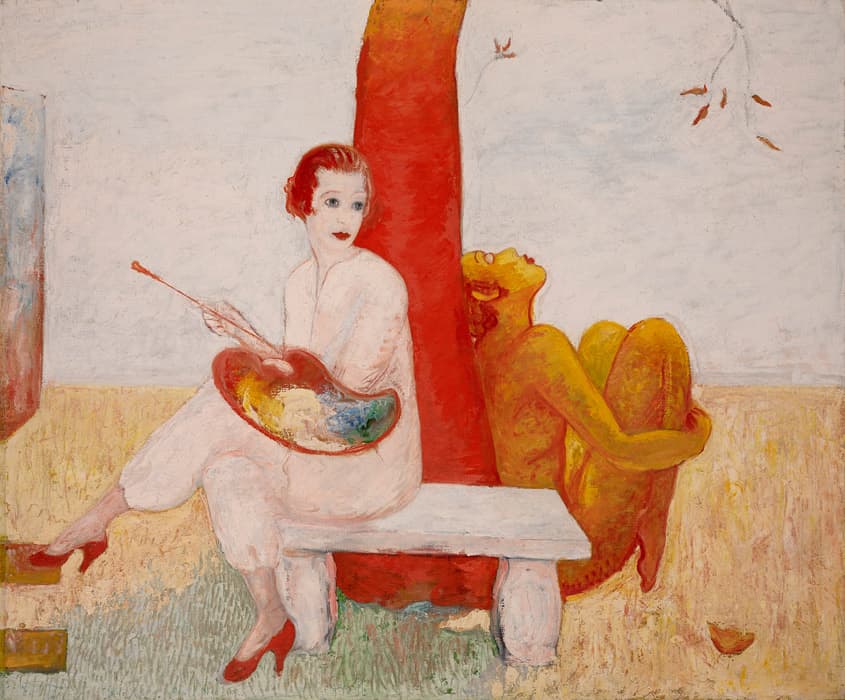 Florine Stettheimer, Self-Portrait with Palette (Painter and Faun), undated. Oil on canvas. 60 x 71⅞ in. (152.4 x 182.6 cm). Art Properties, Avery Architectural and Fine Arts Library, Columbia University in the City of New York. Gift of the Estate of Ettie Stettheimer, 1967