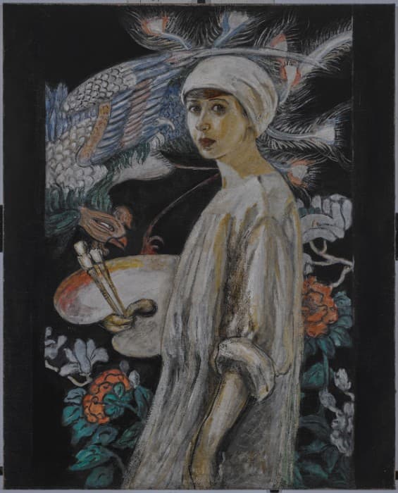 Florine Stettheimer, Self-Portrait with Paradise Birds (Self-Portrait in Front of Chinese Screen). Oil on canvas, 39½ x 31¾ in. (100.3 x 80.7 cm). Art Properties, Avery Architectural and Fine Arts Library, Columbia University in the City of New York, New York. Gift of the Estate of Ettie Stettheimer, 1967