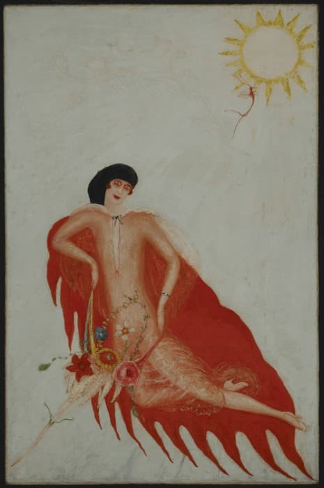 Florine Stettheimer, Portrait of Myself, 1923. Oil on canvas laid on board, 40⅜ x 26⅜ in. (102.6 x 67 cm). Art Properties, Avery Architectural and Fine Arts Library, Columbia University in the City of New York, New York. Gift of the Estate of Ettie Stettheimer, 1967