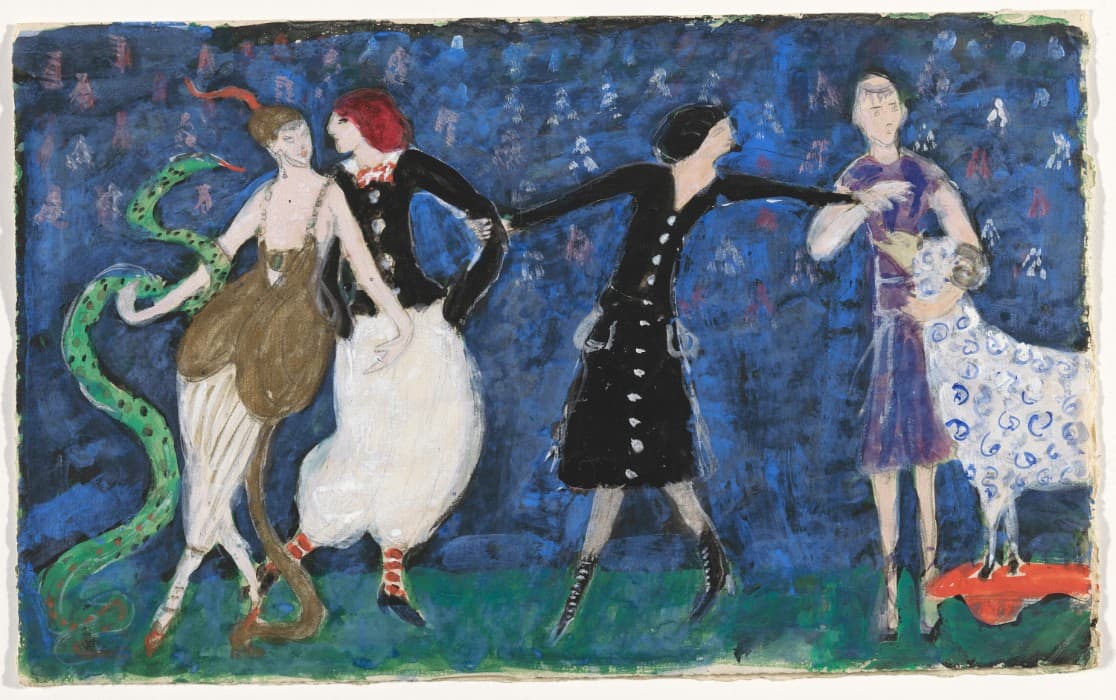 Florine Stettheimer, “Procession: Orpheus…”. Orphée of the Quat-z-arts, 1912. Oil, fabric, and beads on canvas, 17⅛ x 35⅛ in. (43.5 x 89.2 cm). Museum of Modern Art, New York. Gift of Miss Ettie Stettheimer, 1947. Image provided by The Museum of Modern Art / SCALA / Art Resource, New York