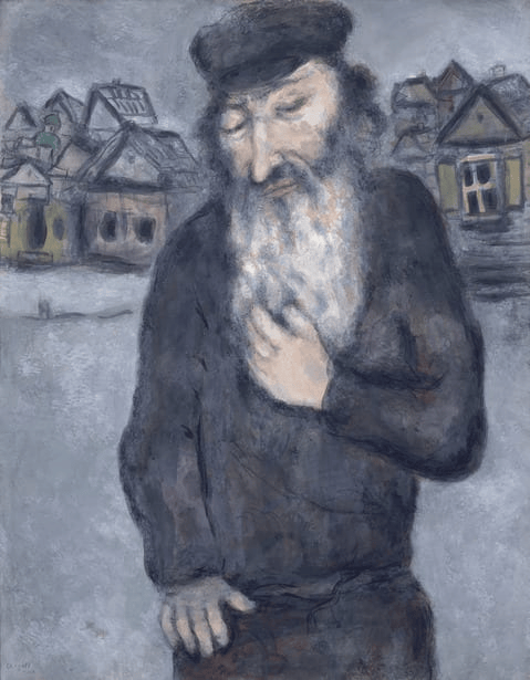 Painting of an elderly man with a long white beard and dark cap, wearing a black coat, standing with one hand to his chest against a background of small houses under a gray sky.