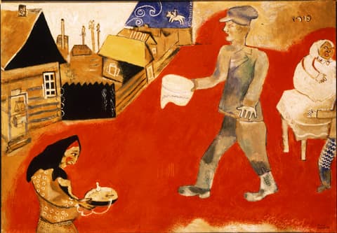 Painting of a village scene with red ground and simplified figures. A man in gray extends a hat toward a woman carrying a dish. In the background are wooden houses and two seated women. A small white animal and swirling blue pattern appear above the rooftops.
