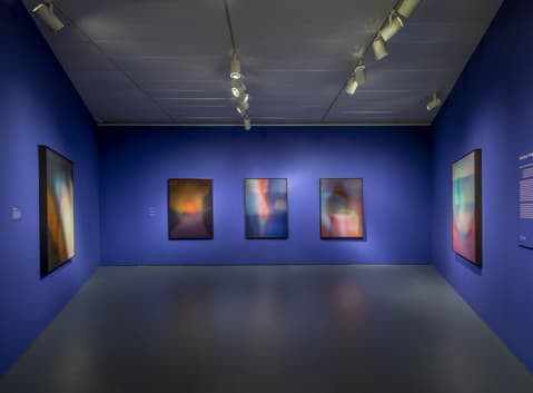 Gallery room with deep blue walls displaying five abstract artworks. Each piece features soft, blurred shapes in gradient colors such as orange, pink, blue, and purple, resembling glowing light or atmospheric effects. Overhead track lighting illuminates the works evenly across the space.