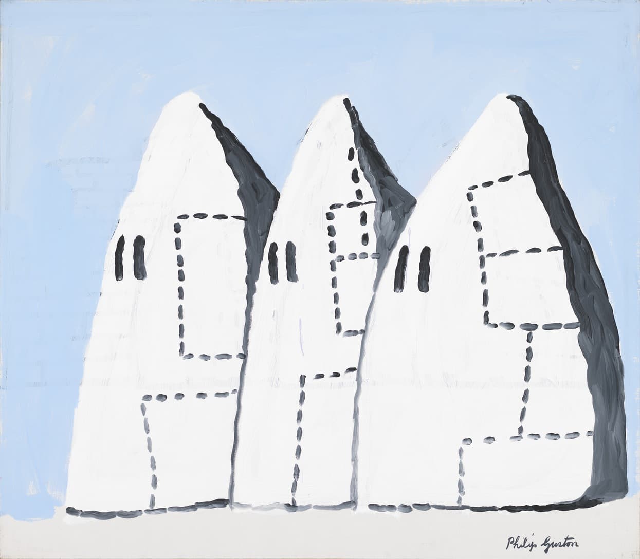 Painting by Philip Guston showing three hooded, white, ghost-like figures with pointed tops, outlined in black with dotted lines suggesting seams or stitching. Each figure has two vertical slits resembling eyes. The background is a simple light blue sky, and Guston’s signature appears in the bottom right corner.