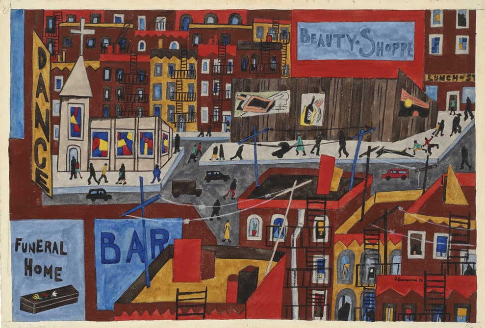 Colorful city street scene with apartment buildings, a church, pedestrians, cars, and signs for a bar, beauty shop, funeral home, and dance hall.