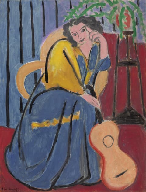 Colorful painting of a seated woman with dark curly hair, wearing a blue dress with a yellow shawl, resting her head on one hand. A guitar leans against her in the foreground. The background features bold red, blue, and black patterns with a potted plant on a stand.
