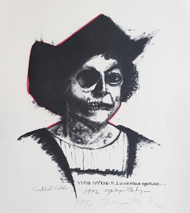 Black and white portrait of a skeletal figure with curly hair and a colonial-style hat, with dark hollow eyes and exposed teeth, outlined with a faint red line; handwritten text and signatures appear below the image.