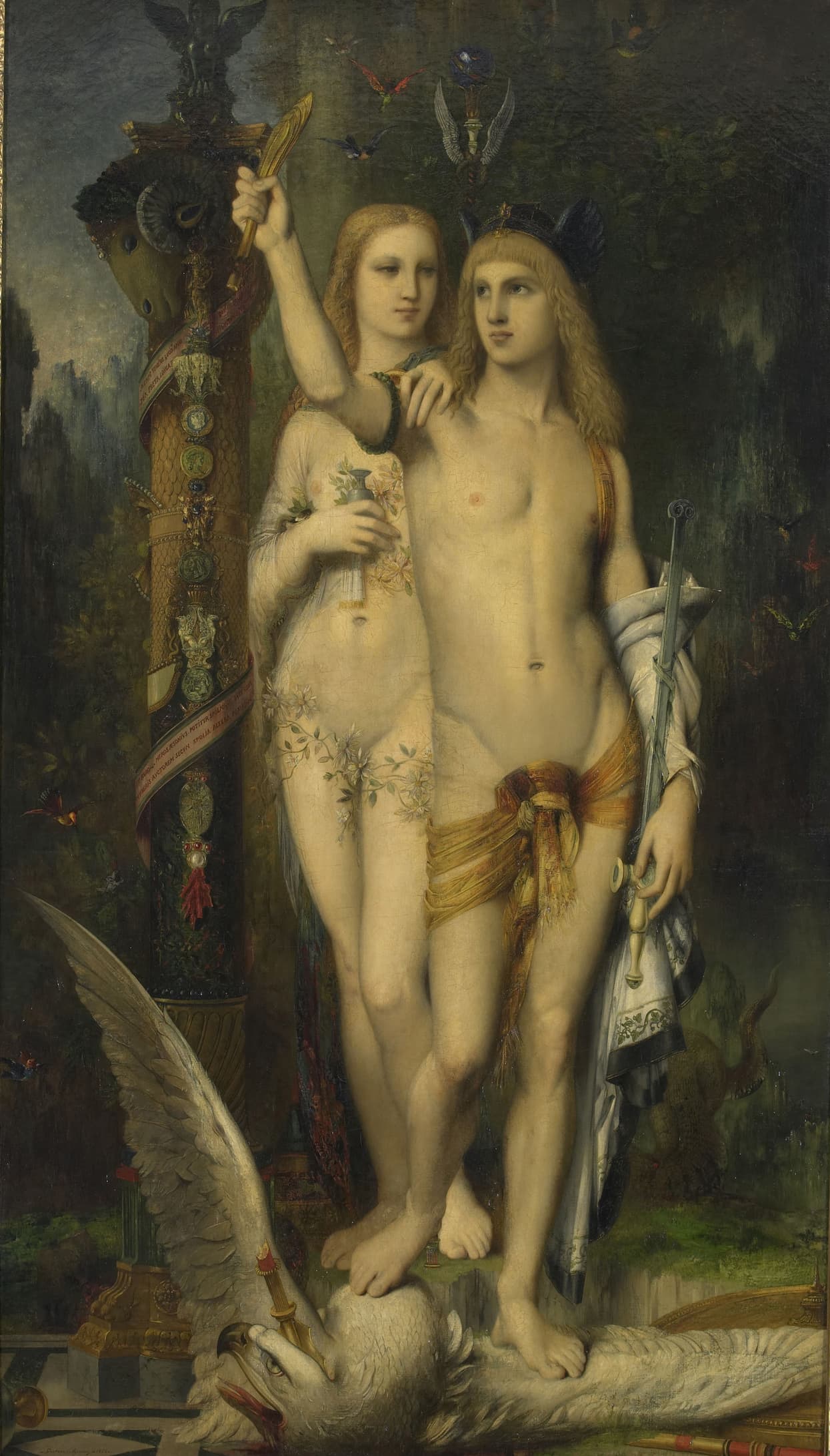 Two idealized nude figures stand together, one male and one female, holding symbolic objects, with a fallen eagle beneath them and ornate decorative elements in the background.