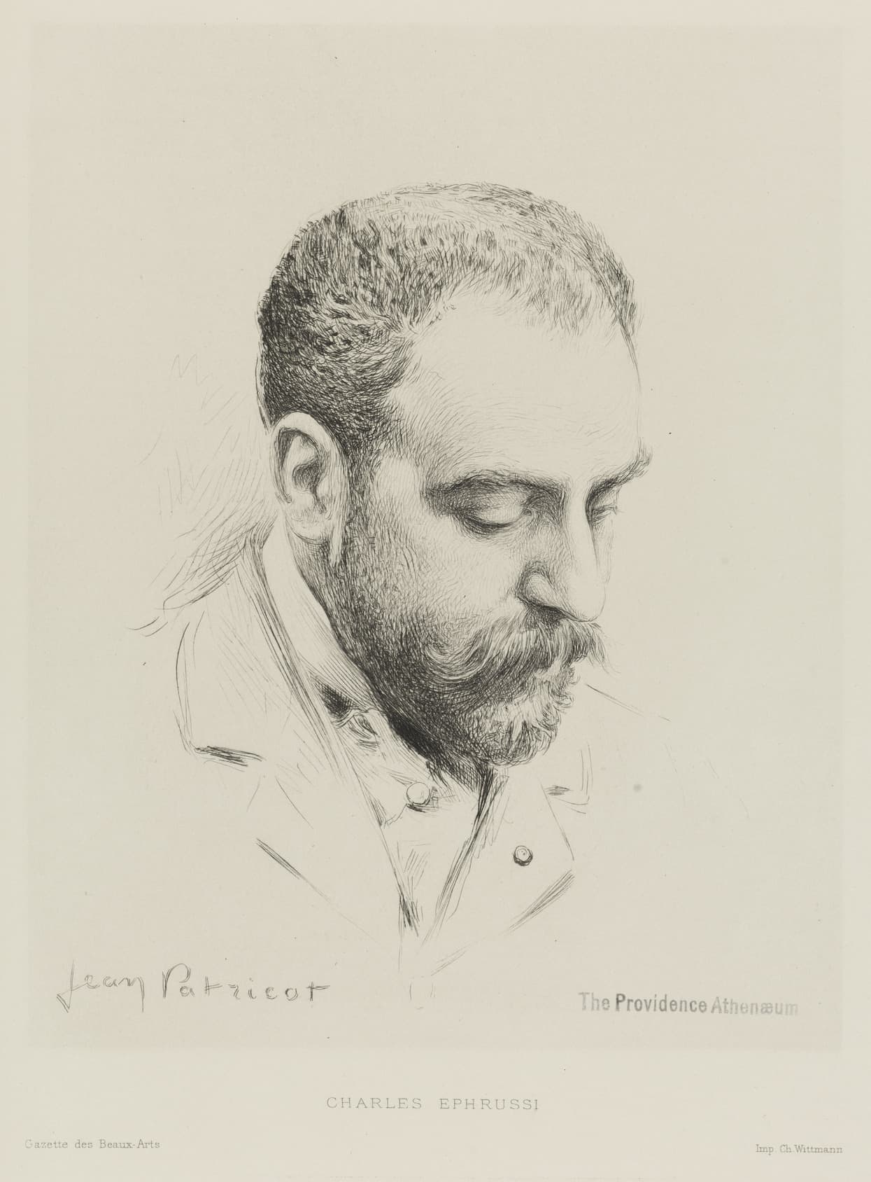 Portrait drawing of Charles Ephrussi, showing his head and shoulders with eyes downcast.