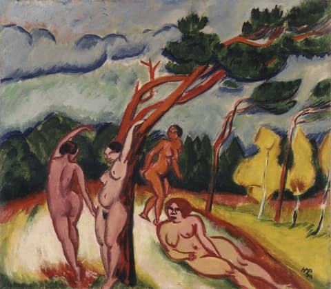 Expressionist painting of four nude female figures in a stylized landscape. One woman reclines in the foreground, while the others stand or lean near trees with angular branches. The background includes dark green foliage, bright yellow trees, and a dramatic, cloud-filled sky.