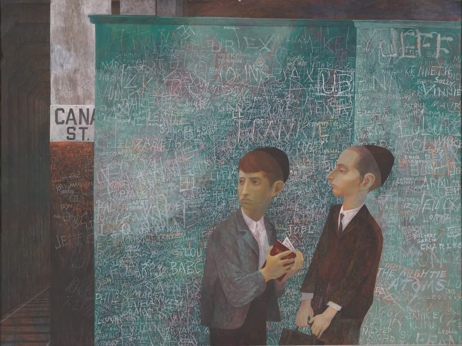 Two boys in suits and yarmulkes stand in front of a green wall densely covered with graffiti-like names; one boy holds a book, while the other looks away, set against a subway platform labeled 