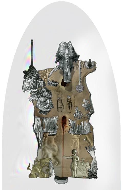 Mixed media sculpture featuring a large metallic and textured abstract form with attached reliefs, figurative elements, and symbolic engravings, displayed against a white oval background.