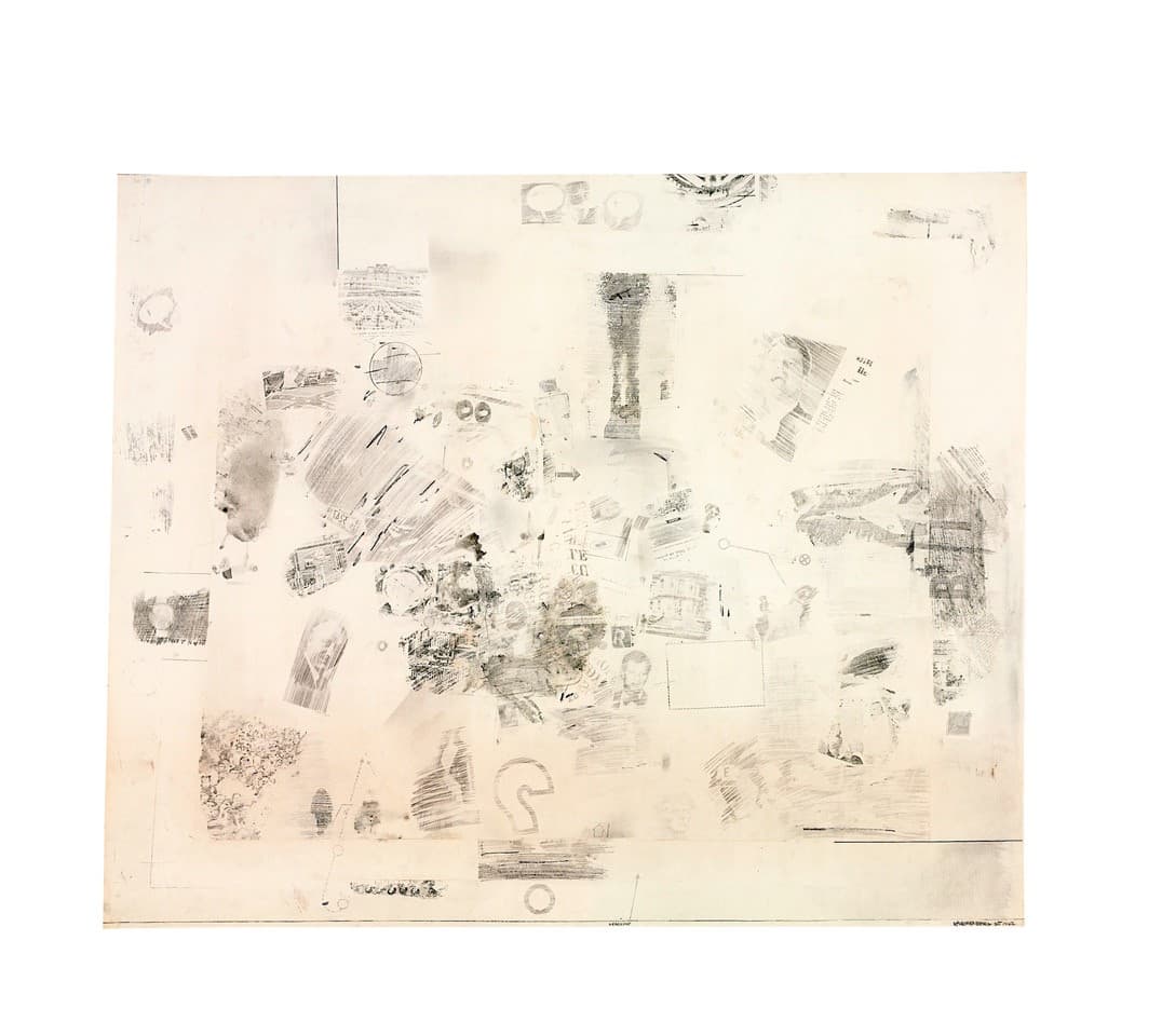 Large, mostly white artwork with faint black and gray imprints scattered across the surface. The composition includes smudges, erased marks, partial newspaper clippings, hand-drawn lines, numbers, and faint recognizable images like a human figure, faces, and question mark. The piece has a ghostly, fragmented, and layered quality, suggesting erasure and accumulation of ephemeral visual information.