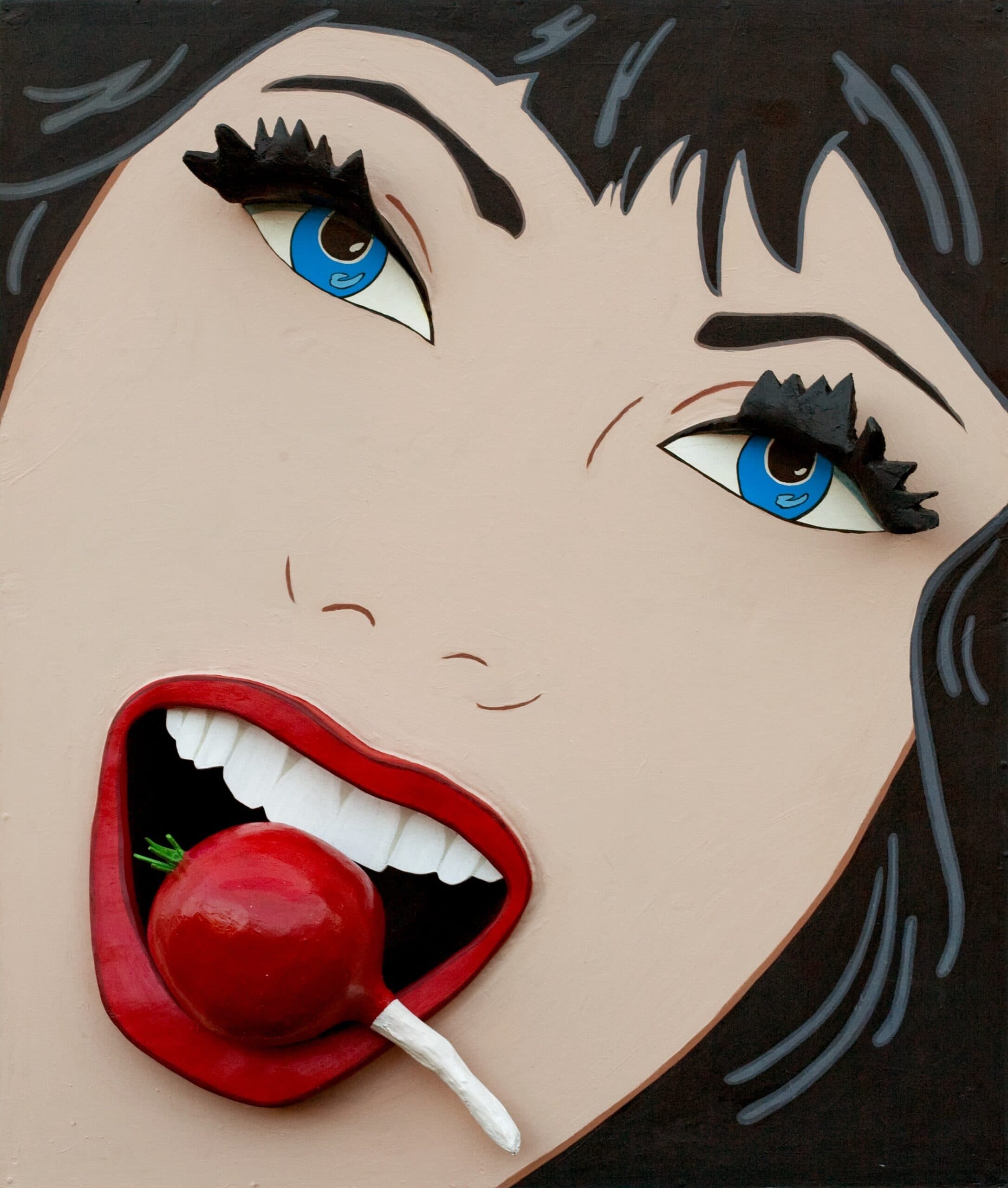 Pop art style close-up of a woman's face with pale skin, vivid blue eyes, thick black lashes, and black hair. Her red lips are open, showing white teeth, and she is holding a red lollipop with a white stick in her mouth. The background is dark brown, and the artwork features bold outlines and flat colors, typical of comic-inspired pop art.