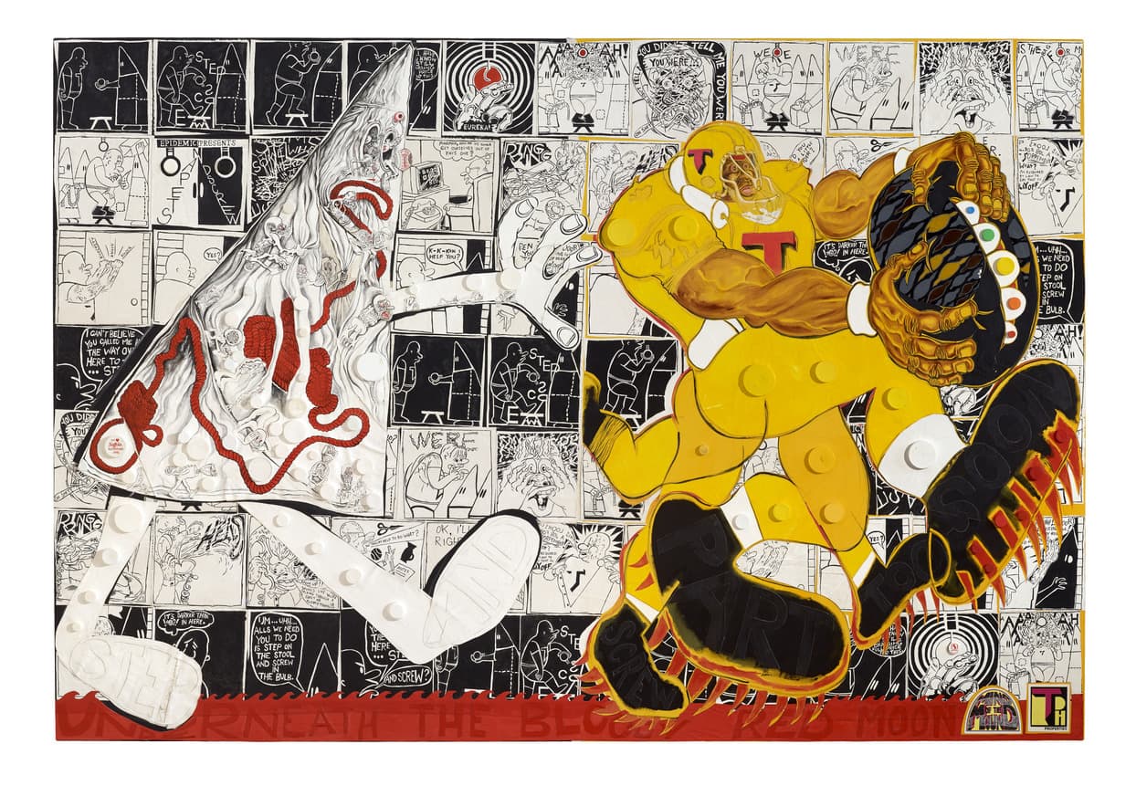 Colorful mixed media artwork combining comic book panels in black and white with bold, oversized figures, including a muscular character in yellow and a large triangular figure with red and white detailing, layered over the background.