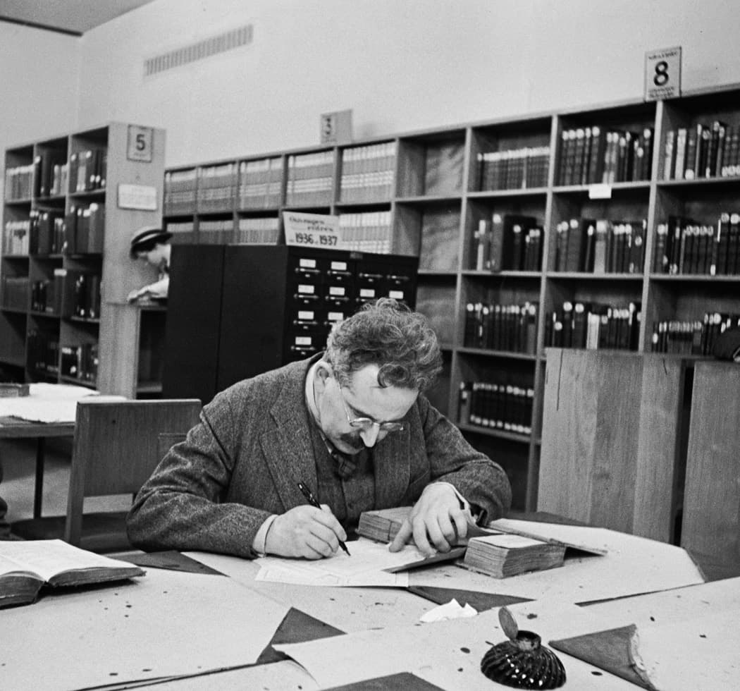 Gisèle Freund, Walter Benjamin at the Bibliothèque nationale, Paris. From the series “Bibliothèque Nationale,” 1937. FND48-213-1-8A. © Gisèle Freund - RMN, image provided by IMEC, Fonds MCC, Dist. RMN-Grand Palais / Art Resource, New York