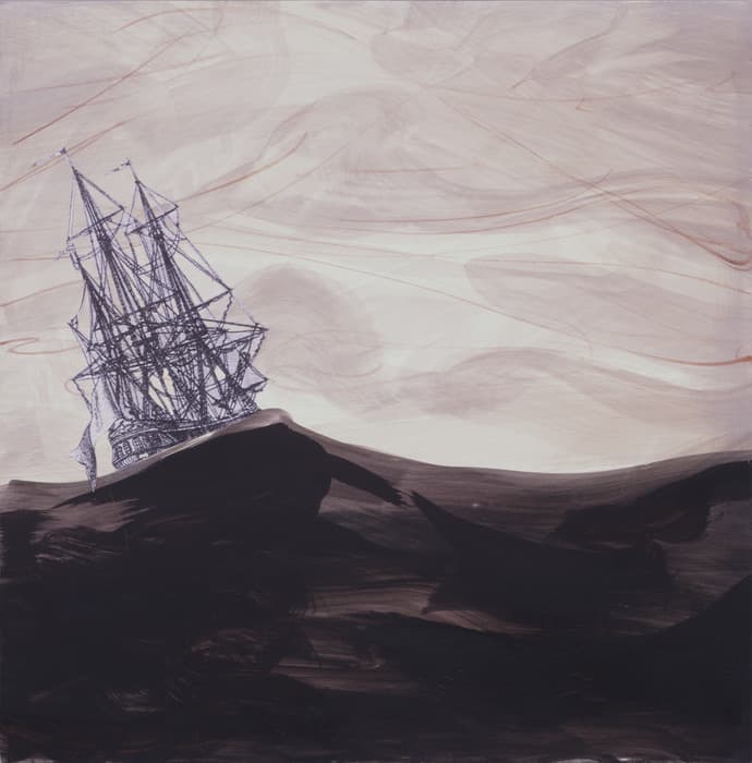Illustration of a sailing ship tilting on dark, swirling waters under a cloudy, muted sky with soft brushstrokes.