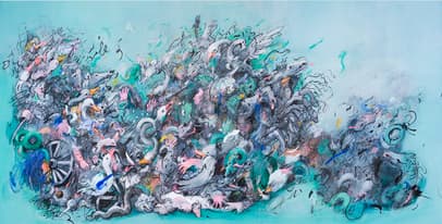 Abstract painting featuring a swirling mass of tangled organic and mechanical forms in shades of blue, pink, gray, and black against a light blue background.