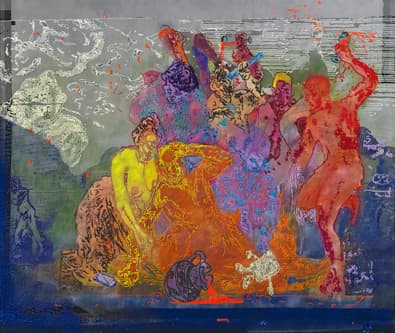 Colorful abstract painting depicting multiple overlapping human figures in dynamic poses, with vivid shades of orange, red, purple, and yellow against a textured gray and blue background.