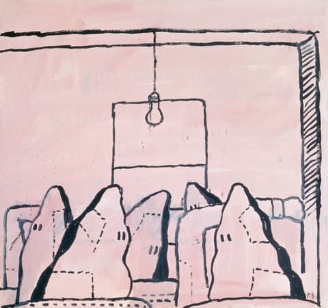 Painting by Philip Guston depicting multiple hooded figures seated together in a room with a hanging light bulb, rendered in shades of pink with simple black outlines.