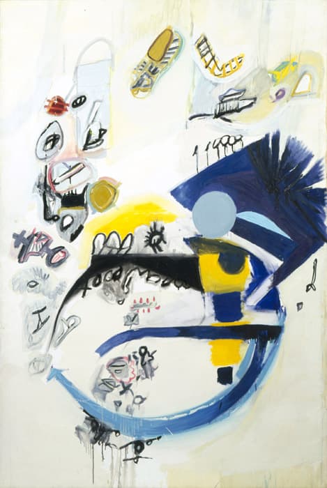 Abstract painting featuring dynamic shapes, lines, and symbols in black, yellow, blue, and gray on a white background, with circular and semi-circular forms, scattered marks, and layered brushstrokes.