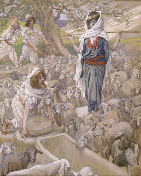 James Tissot, Jacob and Rachel at the Well, c. 1896-1902. Gouache on board, 10 3/8 x 8 1/4 in. (26.4 x 21 cm). The Jewish Museum, New York, Gift of the heirs of Jacob Schiff.
